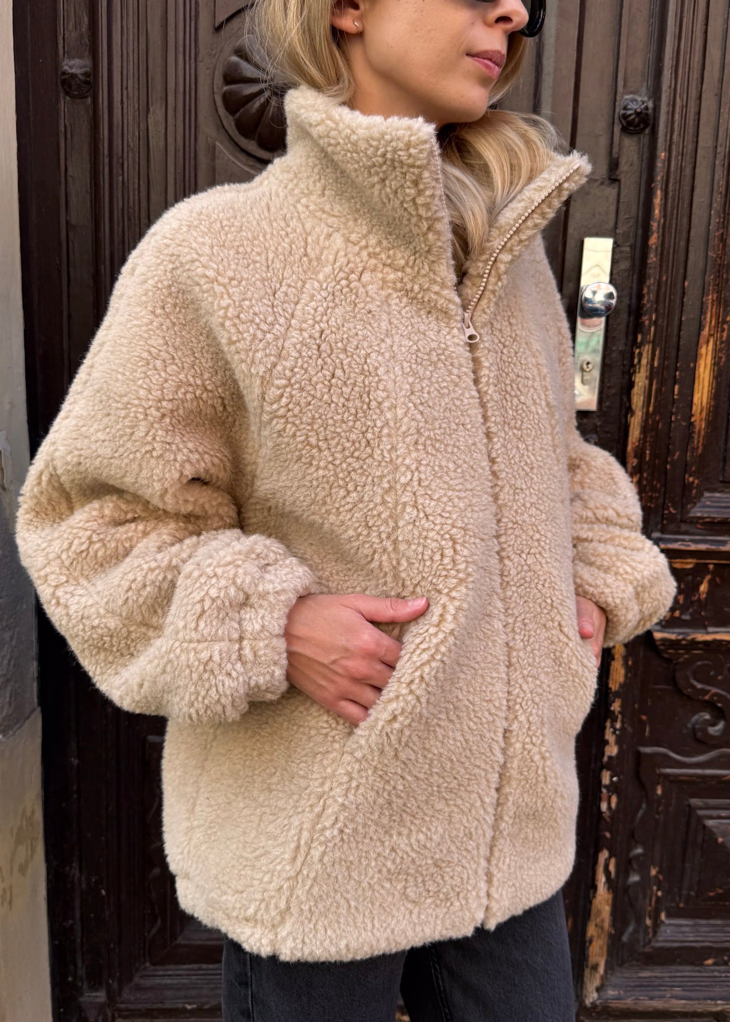 LANA DŁUGA WEŁNIANA KURTKA POLAR MERINO JASNY BEŻ