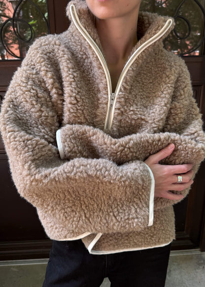 Bluza polar z wełny merino, beżowa z lamówkami. Aside
