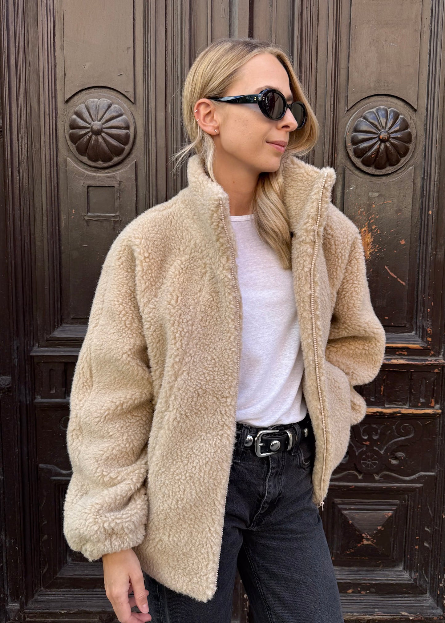 LANA DŁUGA WEŁNIANA KURTKA POLAR MERINO JASNY BEŻ