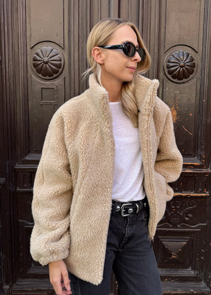 LANA DŁUGA WEŁNIANA KURTKA POLAR MERINO JASNY BEŻ